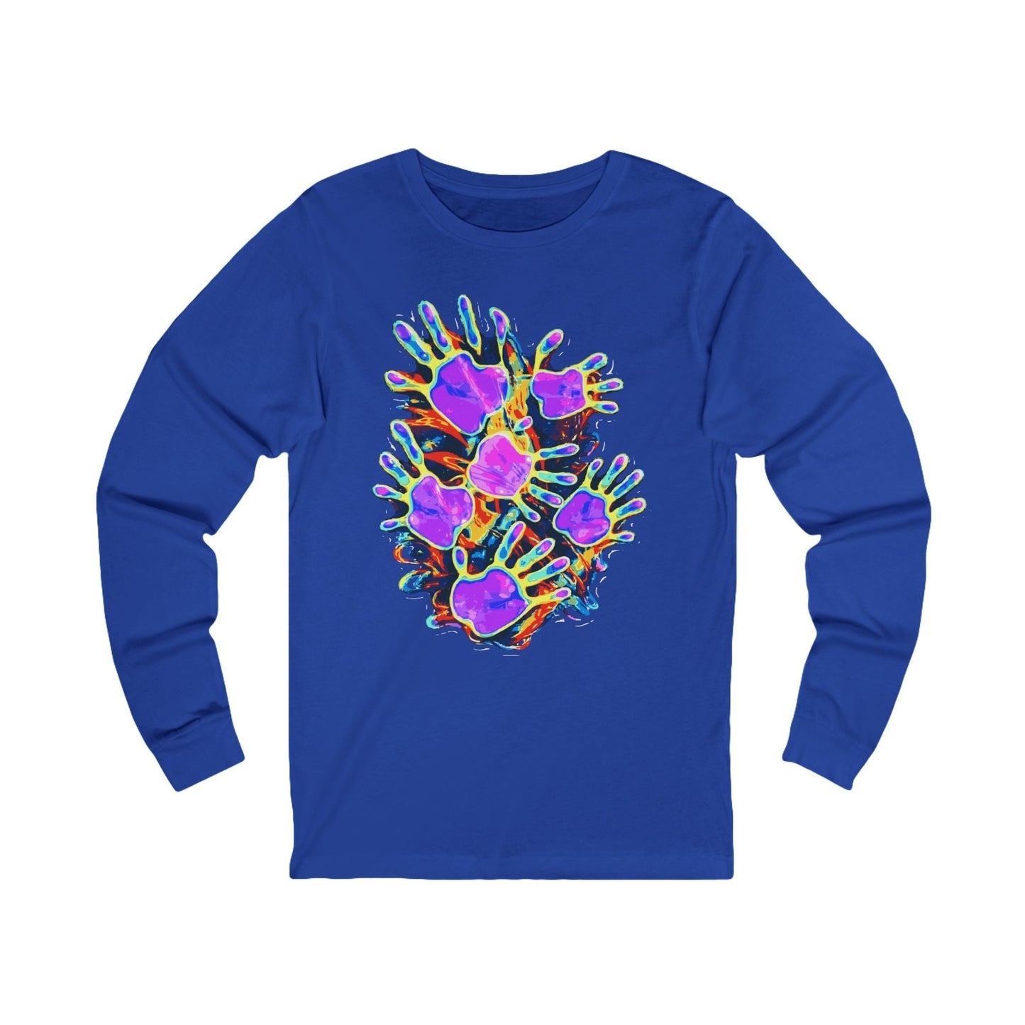 Graffiti Burst Long Sleeve Tee — Dark Jersey with Neon Street-Art Chest Hit, Understated Loud