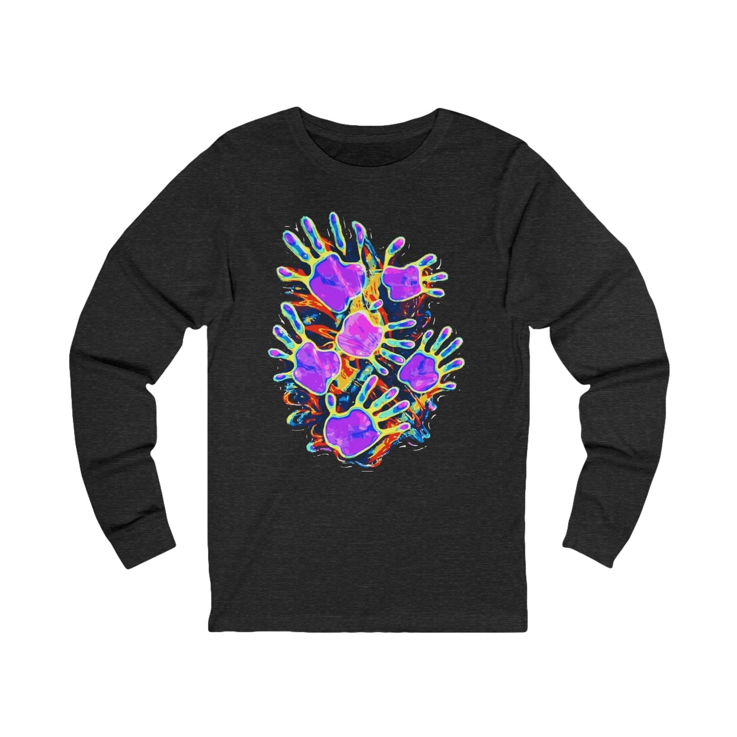 Graffiti Burst Long Sleeve Tee — Dark Jersey with Neon Street-Art Chest Hit, Understated Loud
