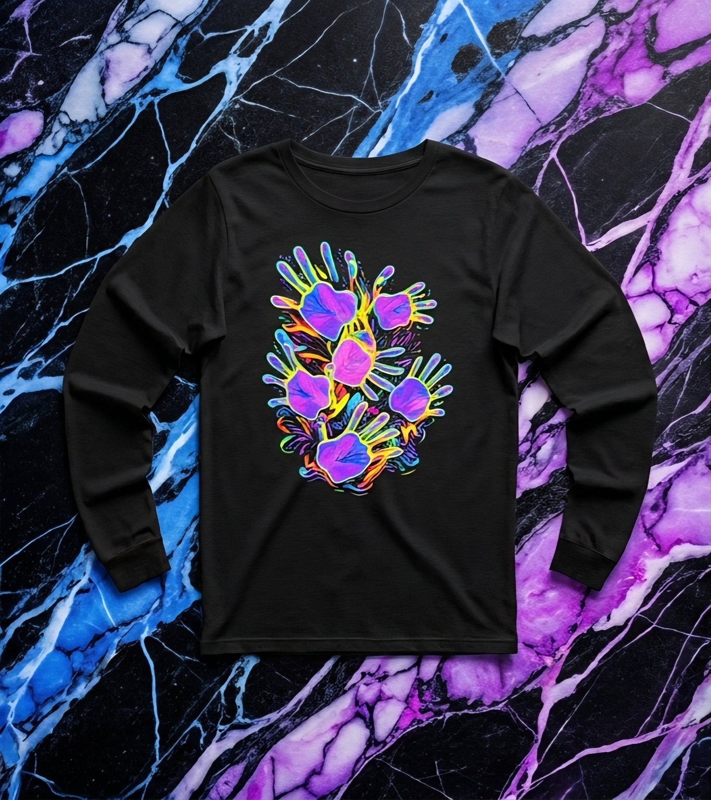 Graffiti Burst Long Sleeve Tee — Dark Jersey with Neon Street-Art Chest Hit, Understated Loud