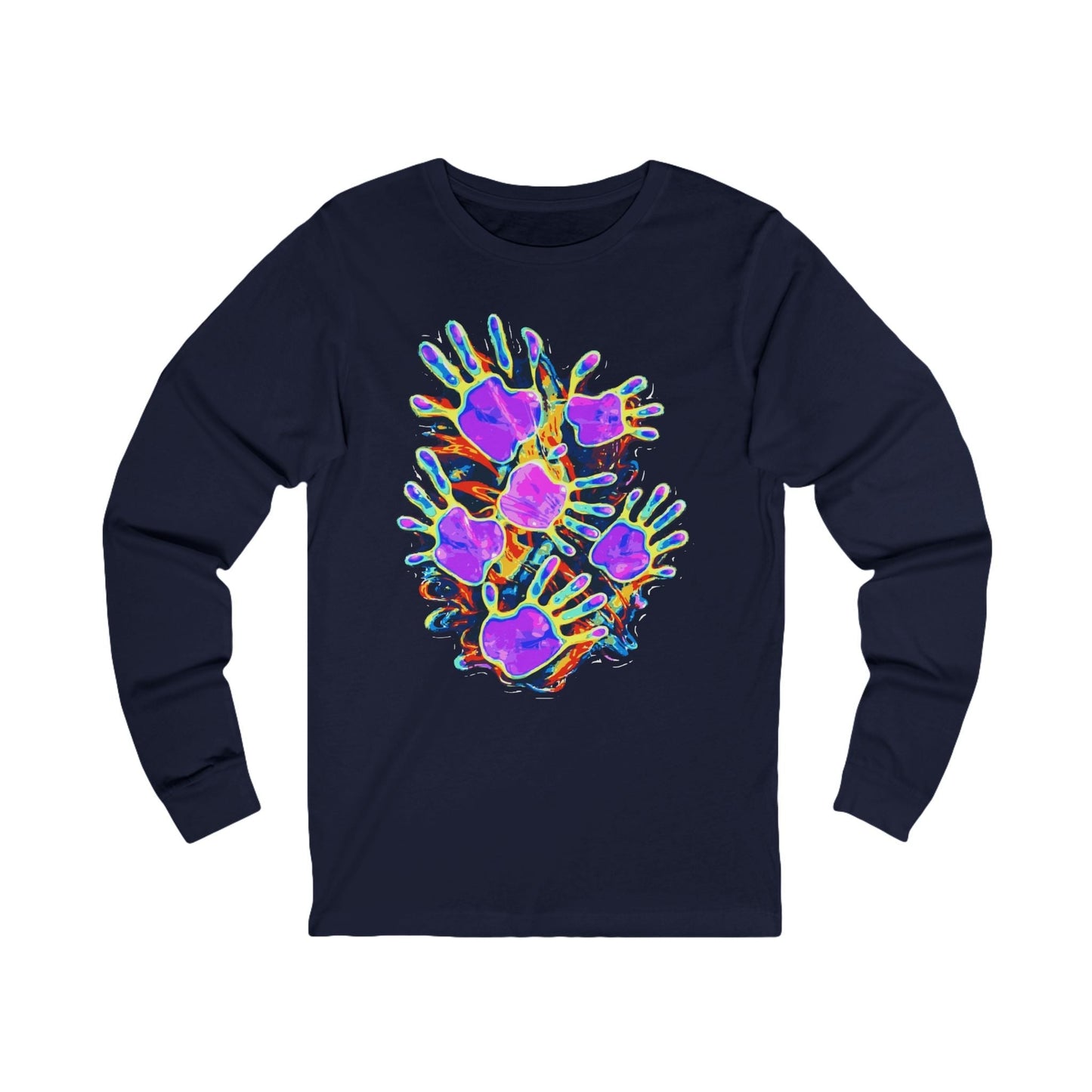 Graffiti Burst Long Sleeve Tee — Dark Jersey with Neon Street-Art Chest Hit, Understated Loud