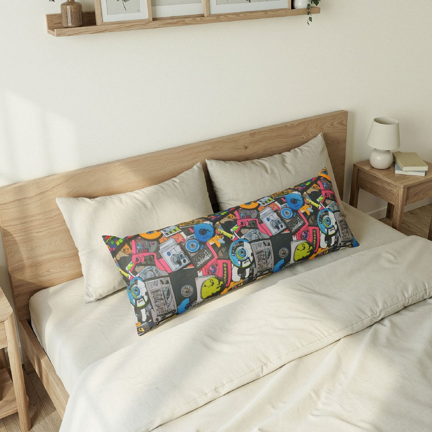 Graffiti Collage AOP Body Pillow — Street Art Comic Print Long Cushion, Color-Drenched Decor for Loud Bedrooms