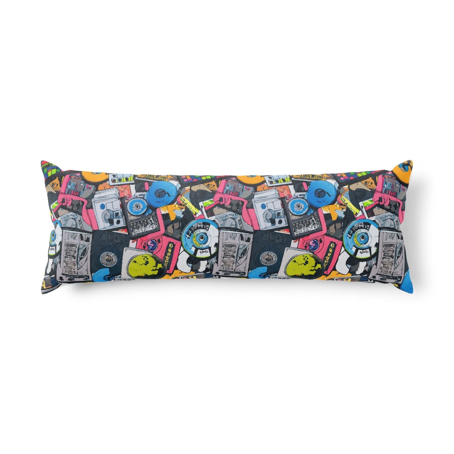 Graffiti Collage AOP Body Pillow — Street Art Comic Print Long Cushion, Color-Drenched Decor for Loud Bedrooms