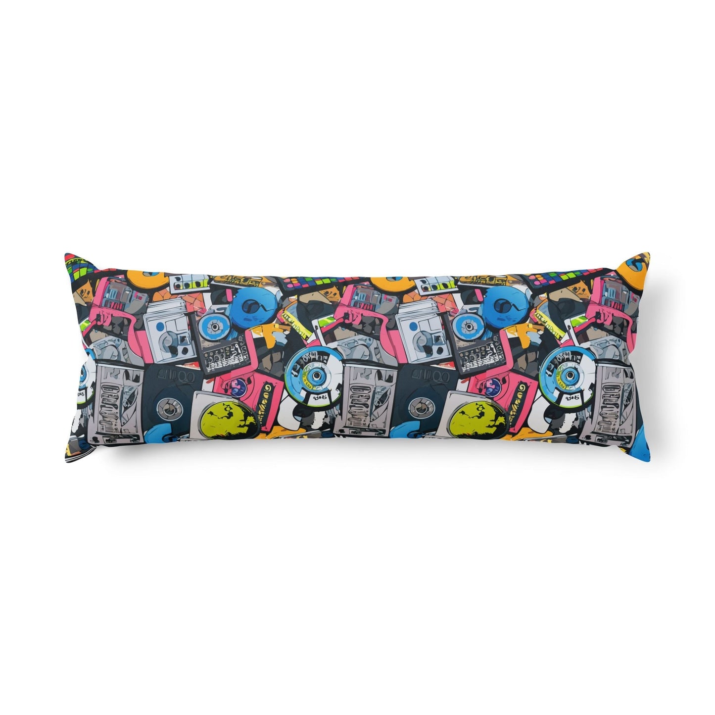 Graffiti Collage AOP Body Pillow — Street Art Comic Print Long Cushion, Color-Drenched Decor for Loud Bedrooms