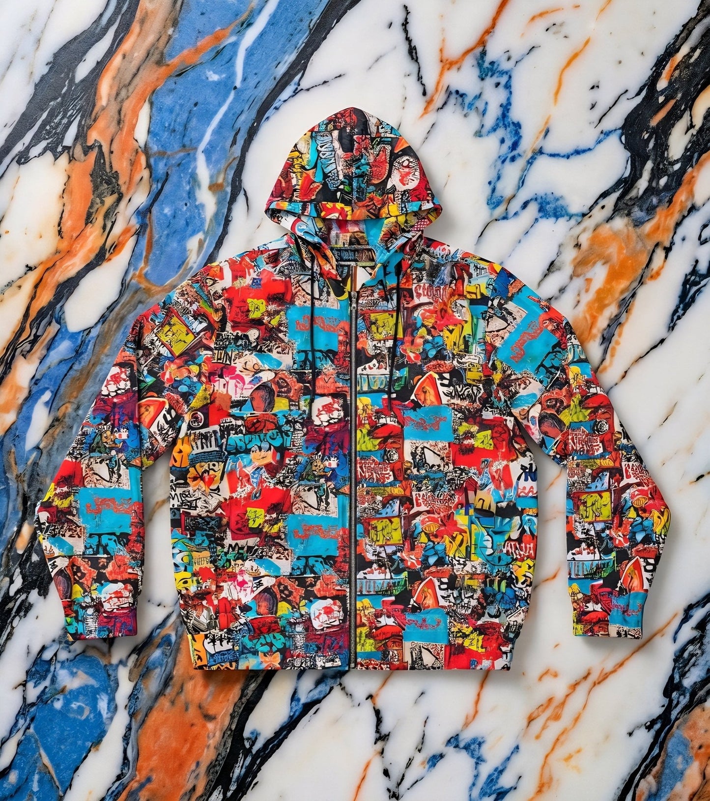Graffiti Collage Full-Zip Hoodie for Streetwear Collectors — Layered AOP Urban Art Statement, Lightweight Festival Layer