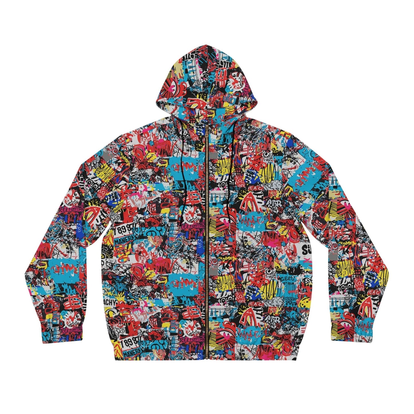 Graffiti Collage Full-Zip Hoodie for Streetwear Collectors — Layered AOP Urban Art Statement, Lightweight Festival Layer