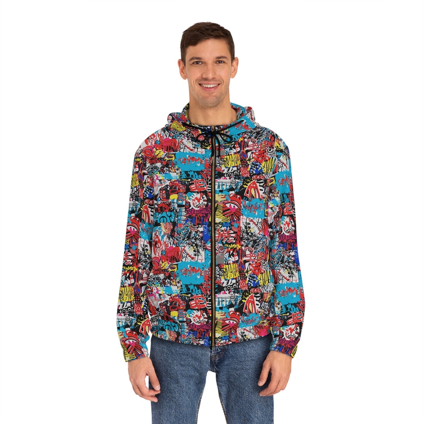 Graffiti Collage Full-Zip Hoodie for Streetwear Collectors — Layered AOP Urban Art Statement, Lightweight Festival Layer