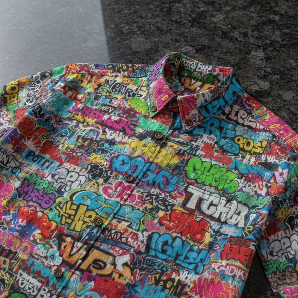 Graffiti Mural AOP Lapel Shirt for Hip-Hop Streetwear Collectors — 125gsm Slub Cotton Long Sleeve, Full-Bleed Urban Art Workwear