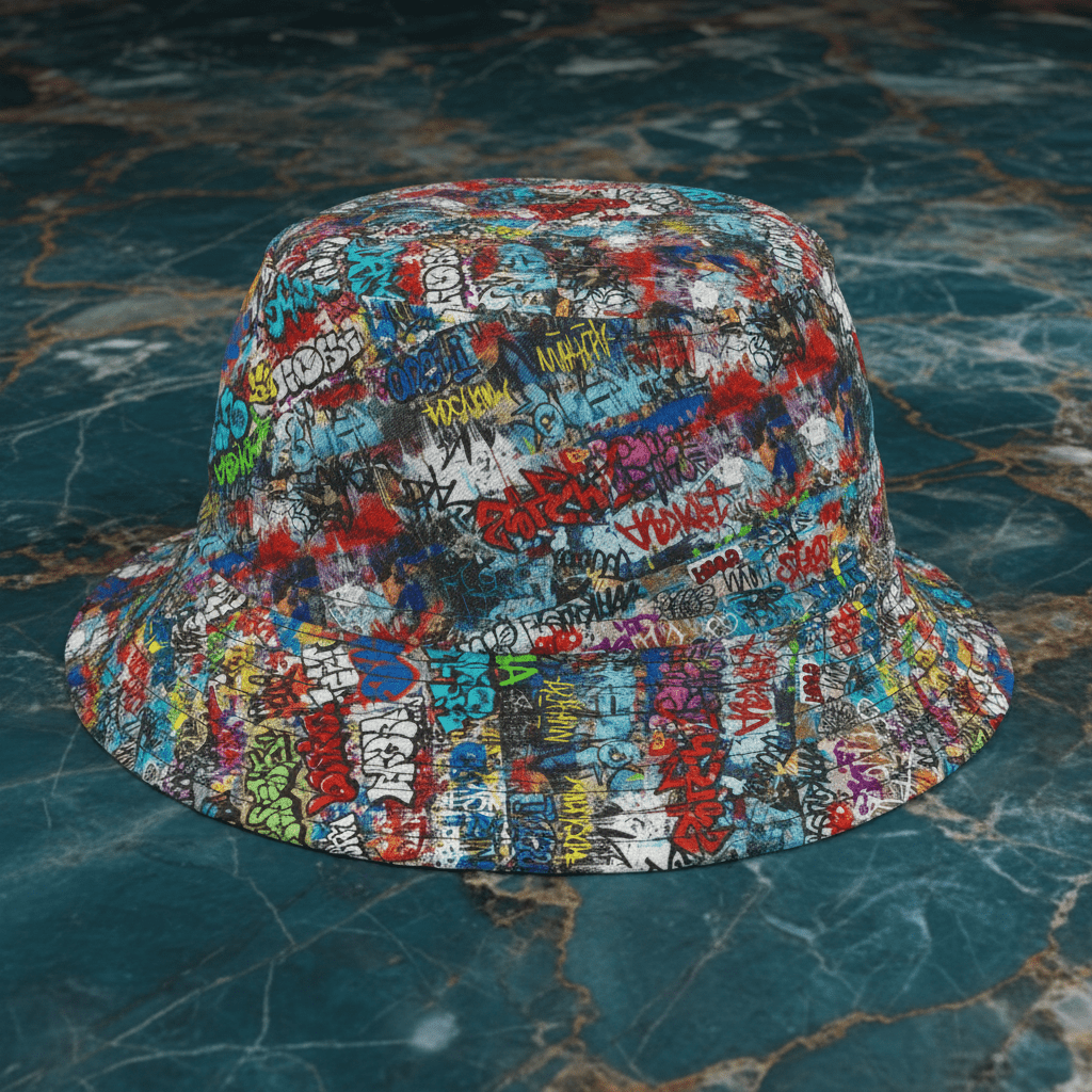 Graffiti Print AOP Bucket Hat | Maximalist All-Over Print Urban Festival Sun Hat