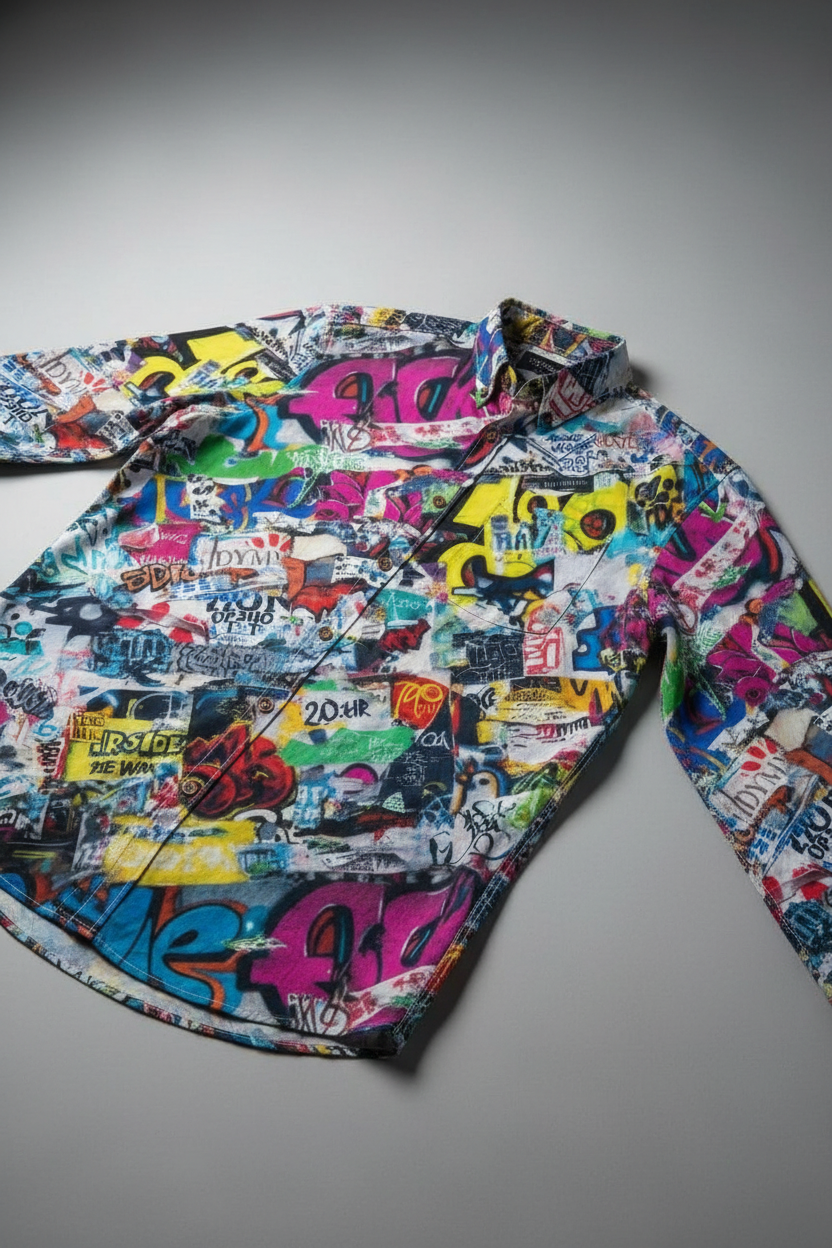 Graffiti Print Cotton Poplin Shirt for Creative Directors and Urban Stylists — Antibacterial AOP Designer Workwear, Smart-Casual Street Art Statement