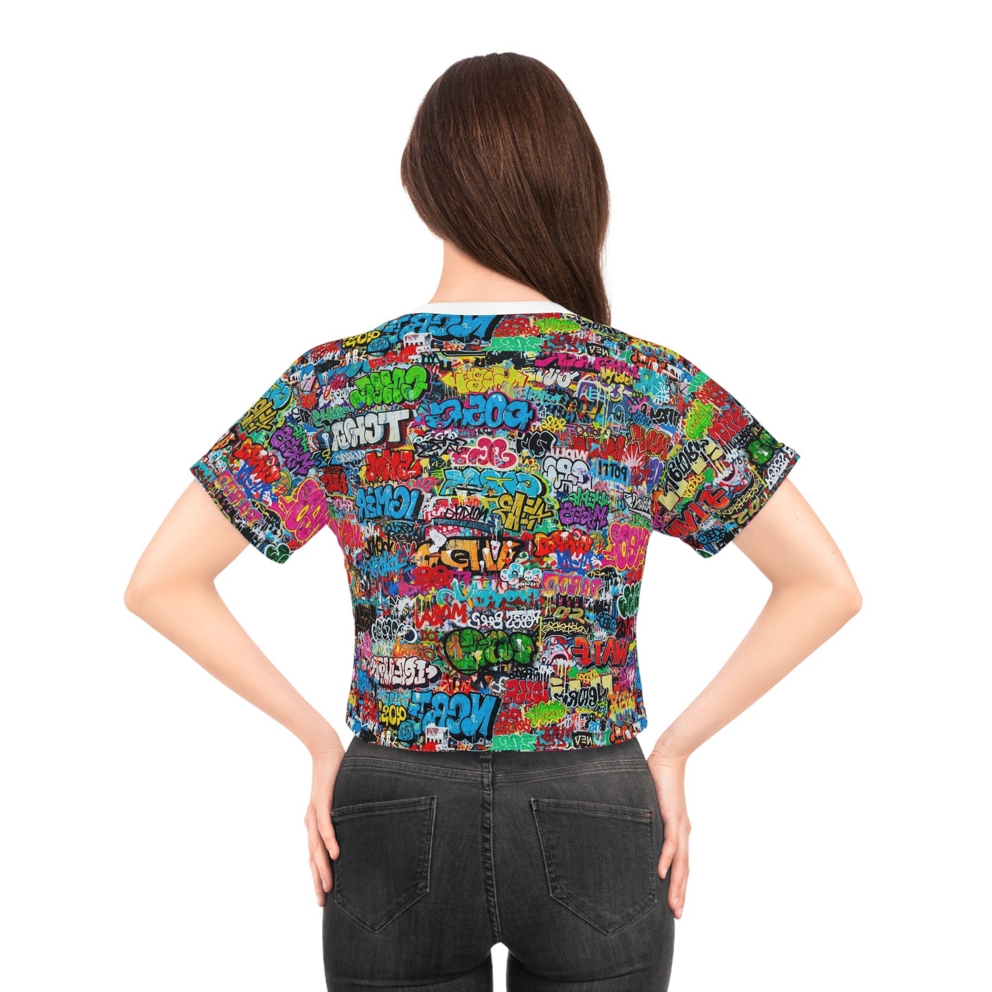 Graffiti Print Crop Tee for Colorful Urban Street Art Dressers — Bold AOP Hip-Hop Crop Top, Festival Party Summer Statement