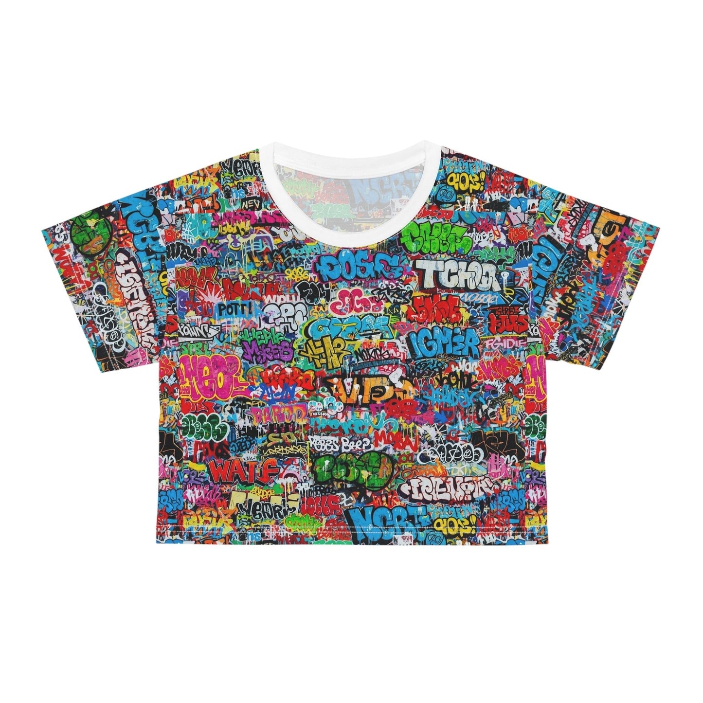 Graffiti Print Crop Tee for Colorful Urban Street Art Dressers — Bold AOP Hip-Hop Crop Top, Festival Party Summer Statement