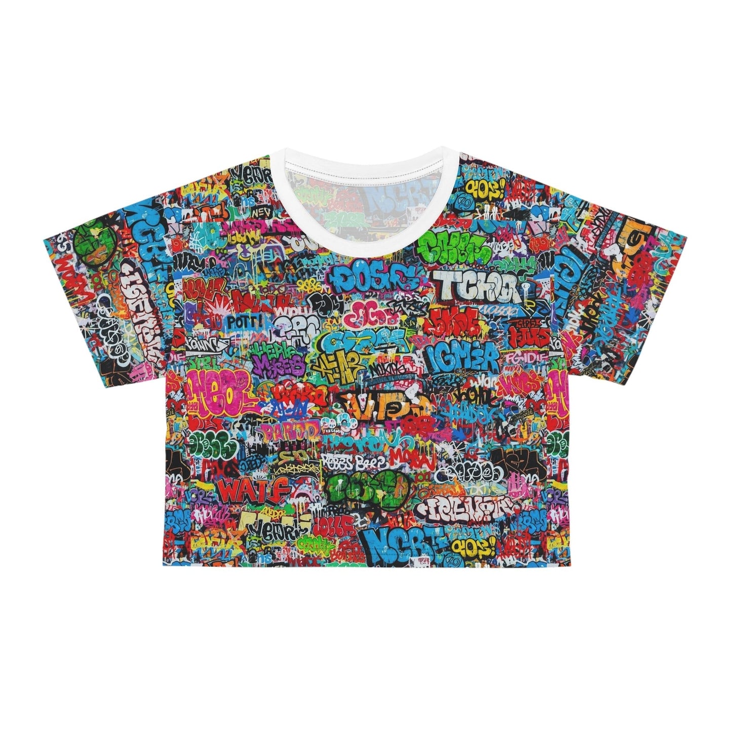 Graffiti Print Crop Tee for Colorful Urban Street Art Dressers — Bold AOP Hip-Hop Crop Top, Festival Party Summer Statement