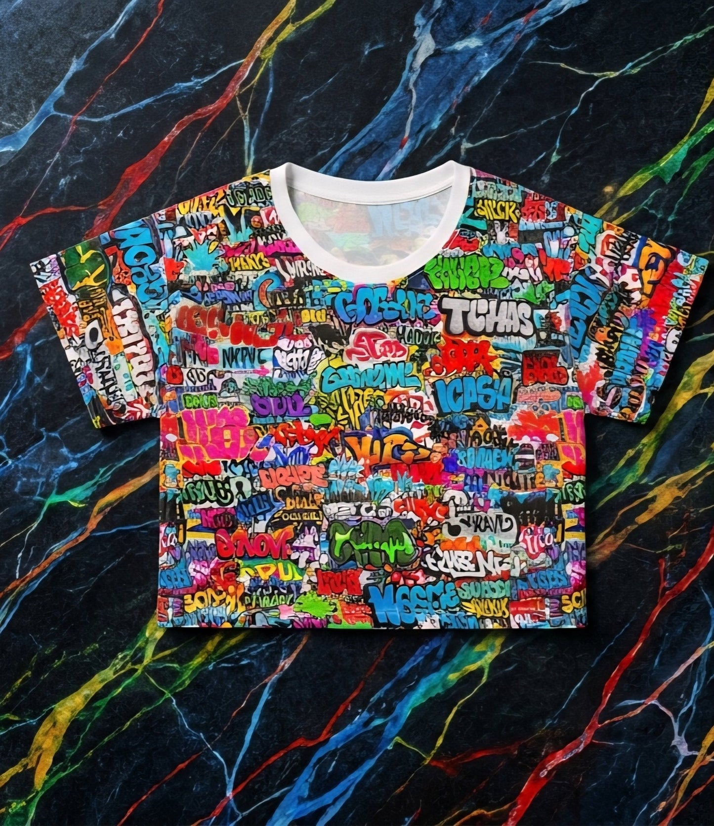 Graffiti Print Crop Tee for Colorful Urban Street Art Dressers — Bold AOP Hip-Hop Crop Top, Festival Party Summer Statement