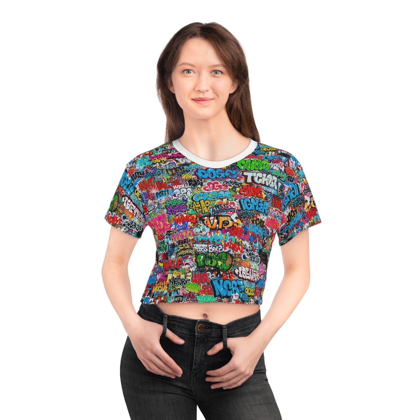 Graffiti Print Crop Tee for Colorful Urban Street Art Dressers — Bold AOP Hip-Hop Crop Top, Festival Party Summer Statement