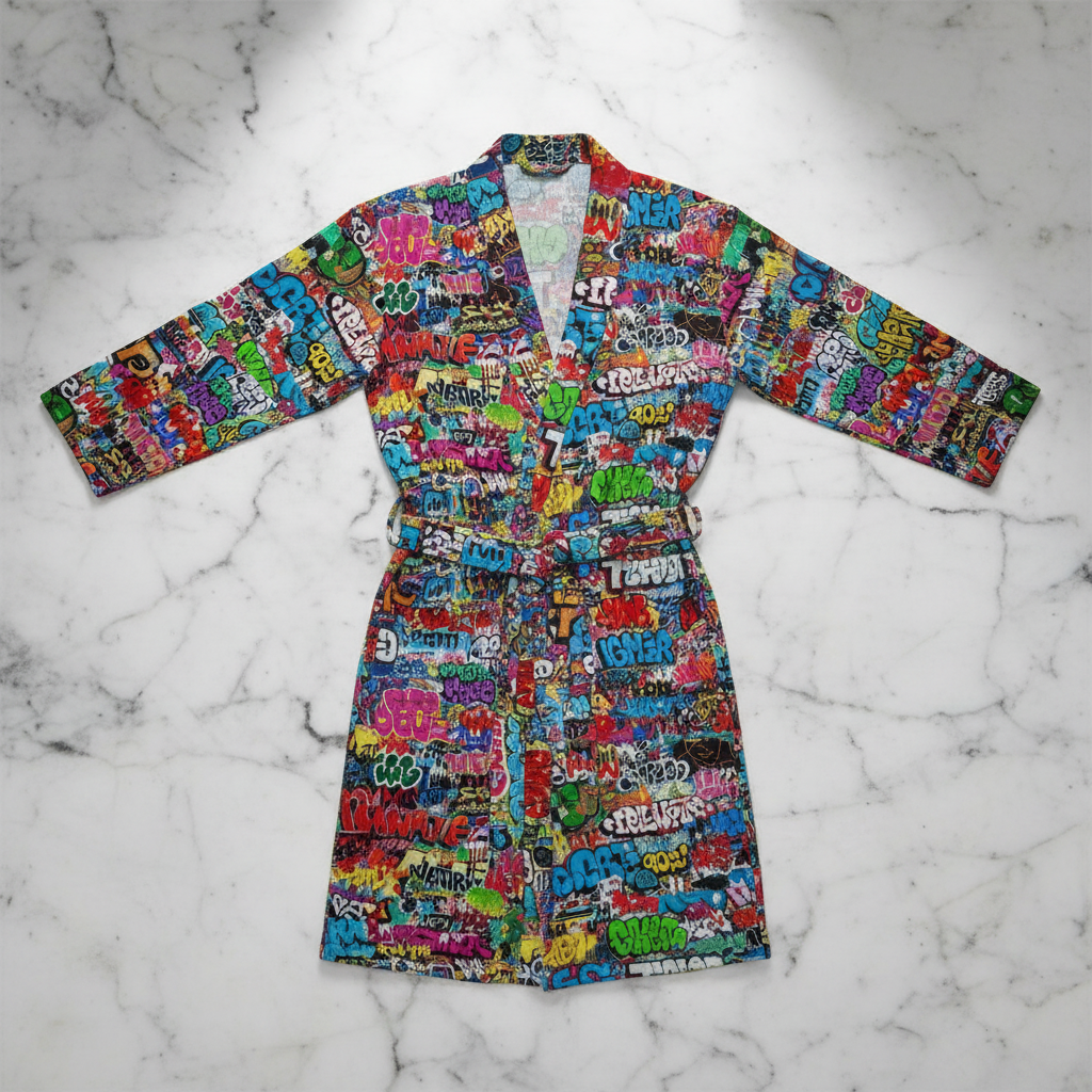 Graffiti AOP Fleece-Lined Bathrobe — Tag Bomb, Unisex S–5XL