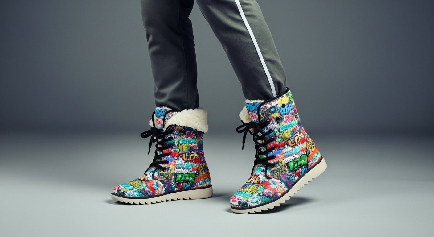 Graffiti Tag High-Top Plush Boots — White Street Art AOP Fleece-Lined Winter Statement Footwear