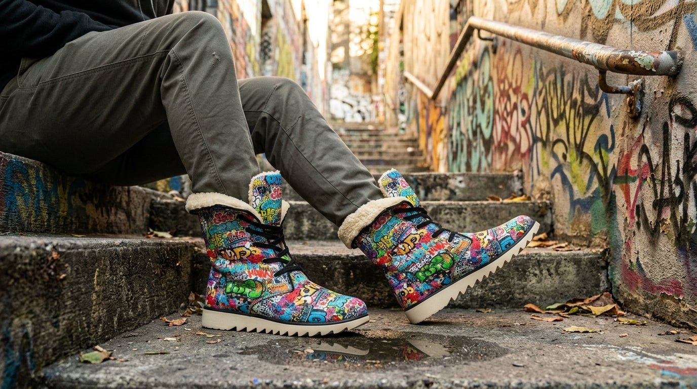 Graffiti Tag High-Top Plush Boots — White Street Art AOP Fleece-Lined Winter Statement Footwear