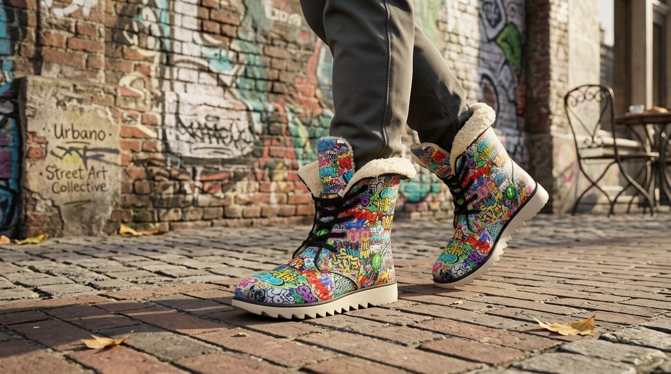 Graffiti Tag High-Top Plush Boots — White Street Art AOP Fleece-Lined Winter Statement Footwear