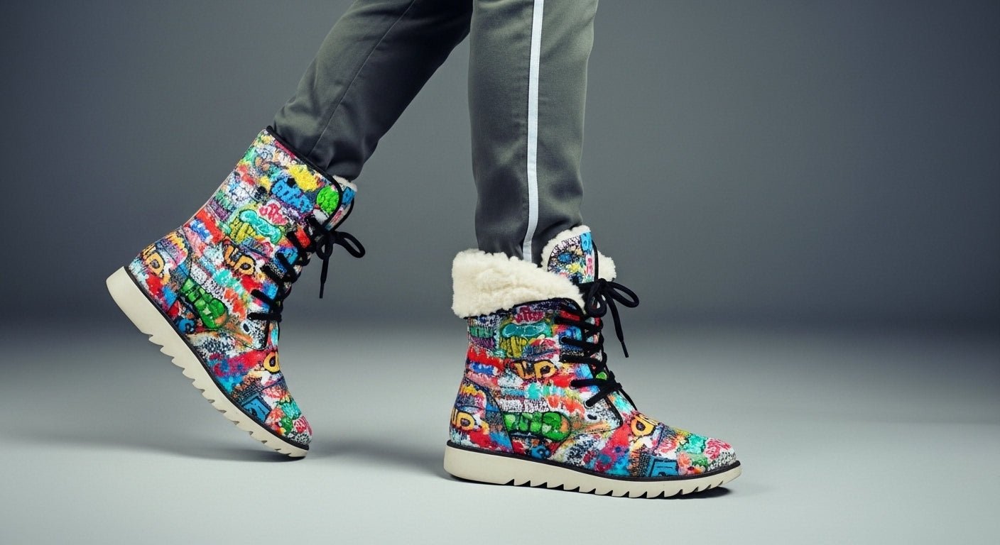 Graffiti Tag High-Top Plush Boots — White Street Art AOP Fleece-Lined Winter Statement Footwear