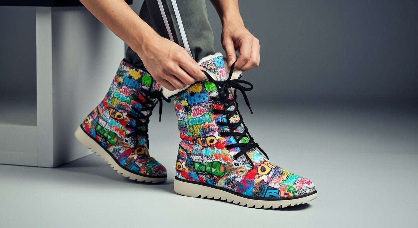 Graffiti Tag High-Top Plush Boots — White Street Art AOP Fleece-Lined Winter Statement Footwear