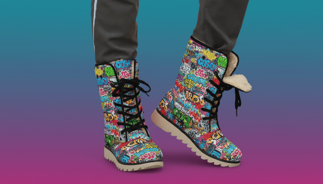 Graffiti Tag High-Top Plush Boots — White Street Art AOP Fleece-Lined Winter Statement Footwear
