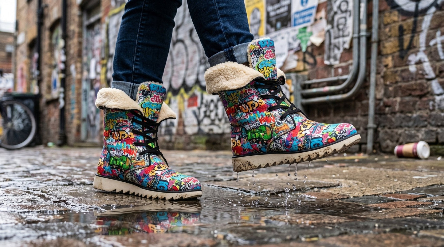 Graffiti Tag High-Top Plush Boots — White Street Art AOP Fleece-Lined Winter Statement Footwear