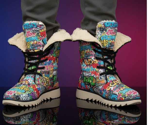 Graffiti Tag High-Top Plush Boots — White Street Art AOP Fleece-Lined Winter Statement Footwear