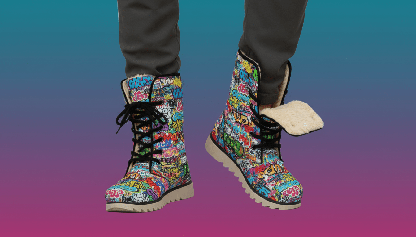 Graffiti Tag High-Top Plush Boots — White Street Art AOP Fleece-Lined Winter Statement Footwear