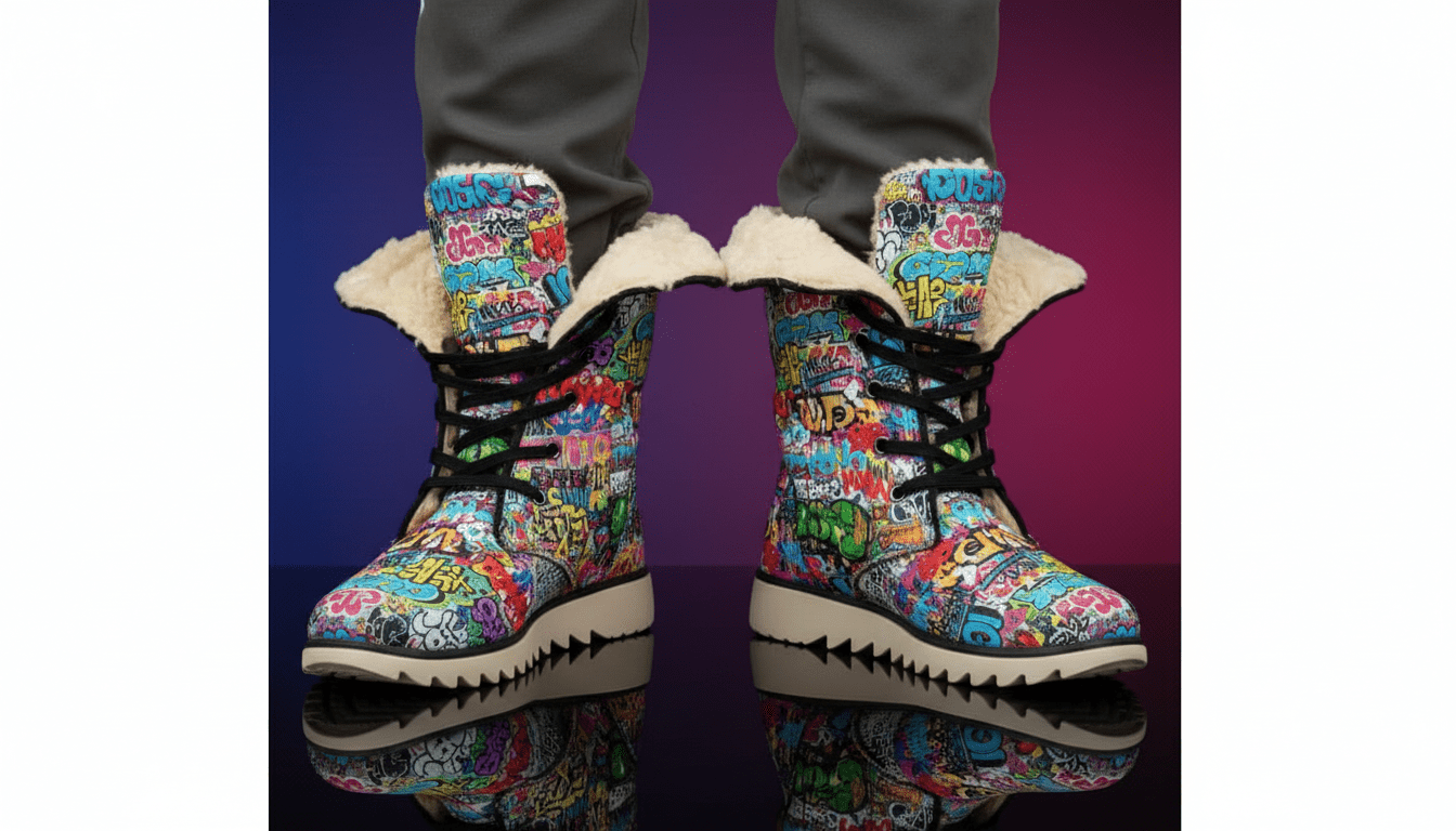 Graffiti Tag High-Top Plush Boots — White Street Art AOP Fleece-Lined Winter Statement Footwear