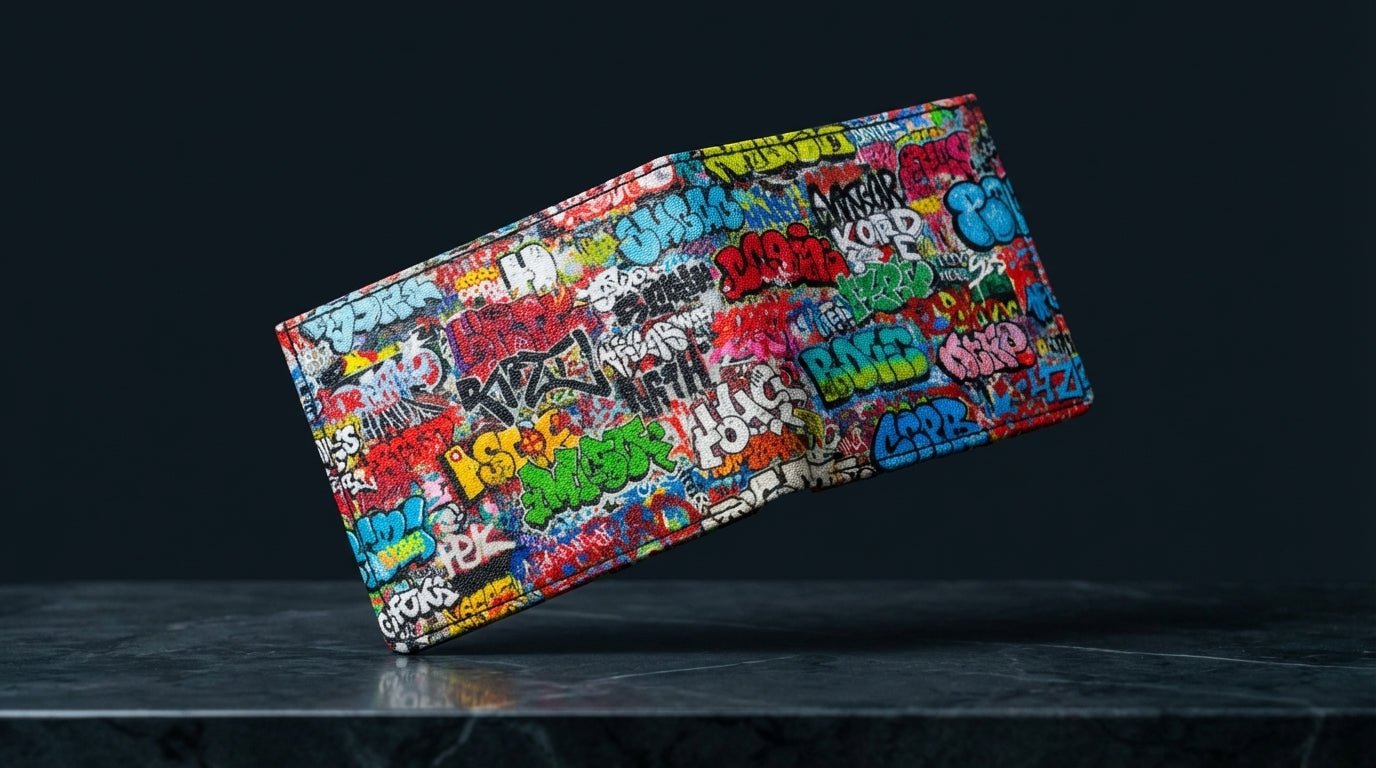 Graffiti Tag Wall Leather Wallet for Streetwear Collectors — Urban Spray-Paint AOP Bifold, Handmade to Order