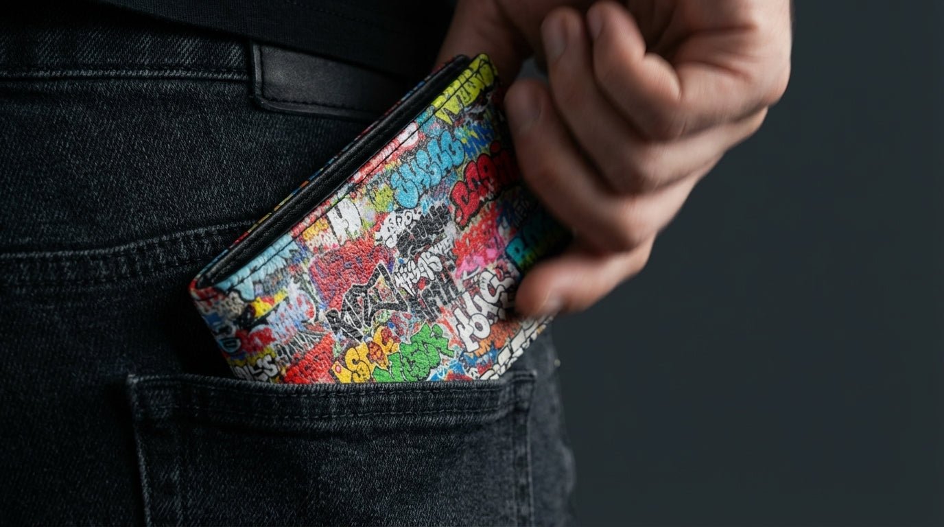 Graffiti Tag Wall Leather Wallet for Streetwear Collectors — Urban Spray-Paint AOP Bifold, Handmade to Order
