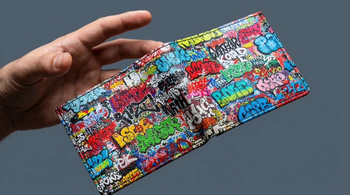 Graffiti Tag Wall Leather Wallet for Streetwear Collectors — Urban Spray-Paint AOP Bifold, Handmade to Order