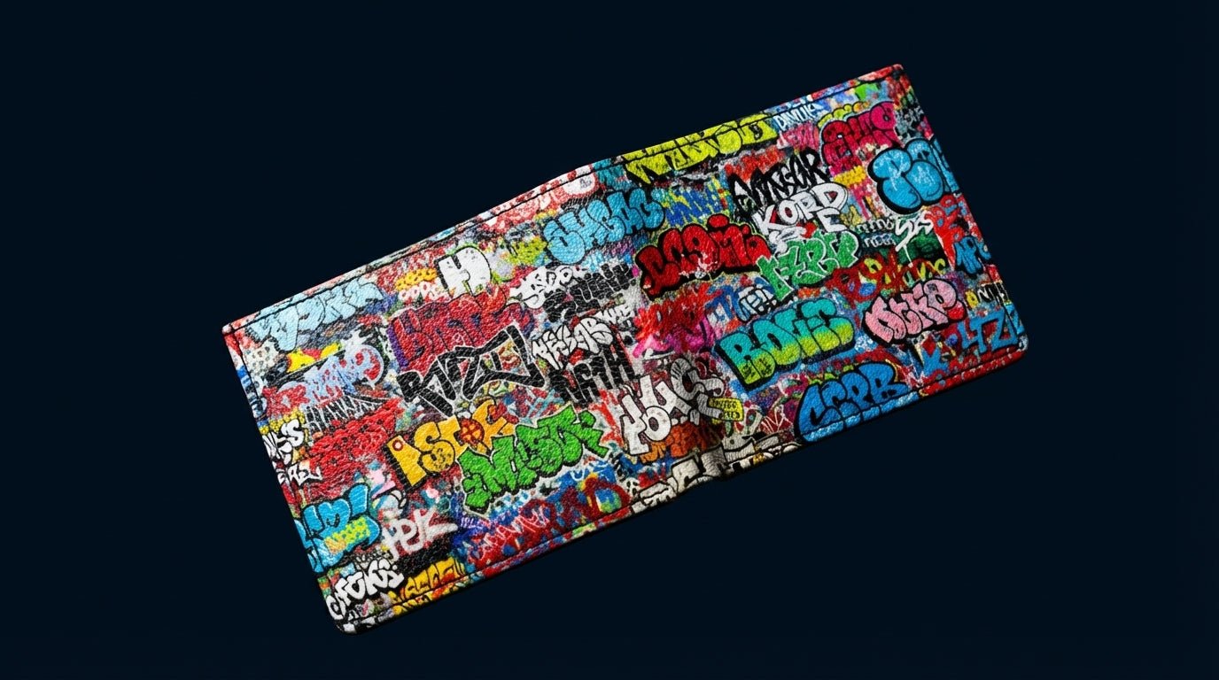 Graffiti Tag Wall Leather Wallet for Streetwear Collectors — Urban Spray-Paint AOP Bifold, Handmade to Order