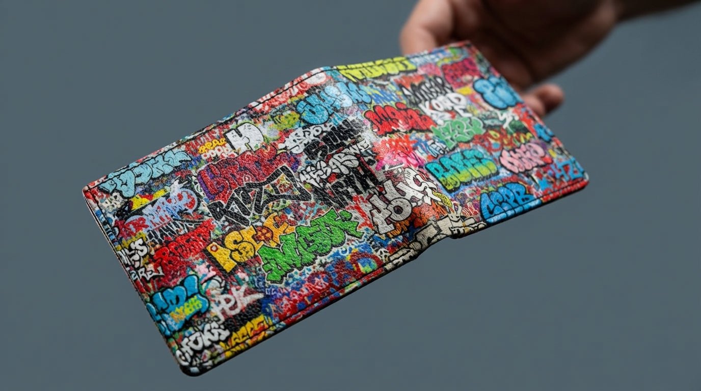 Graffiti Tag Wall Leather Wallet for Streetwear Collectors — Urban Spray-Paint AOP Bifold, Handmade to Order