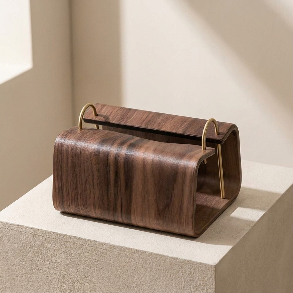 Tissue Box Cover Walnut Finish Brass Insert Non Slip Feet