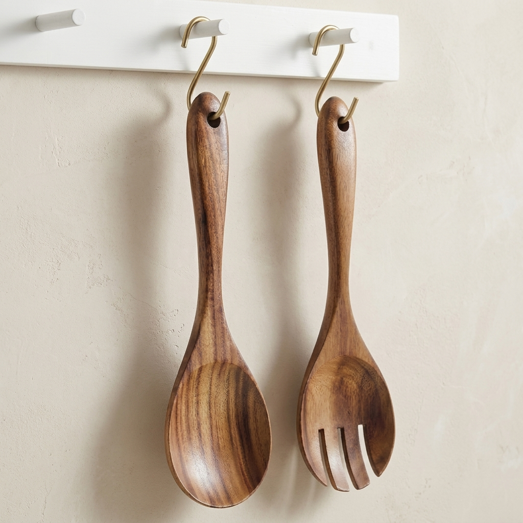 Serving Utensil Set Wooden Spoon and Fork Natural Brown