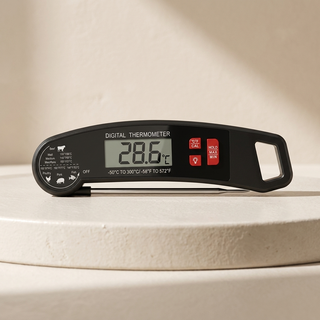Digital Meat Thermometer Foldable Stainless Steel Probe Backlit LCD Battery Operated