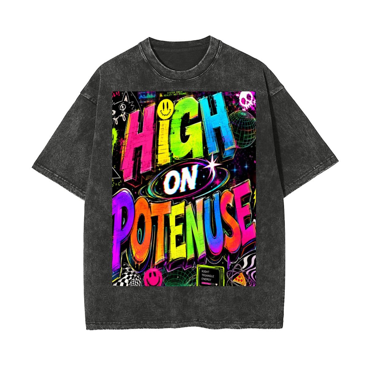High on Potenuse Heavyweight Washed T-Shirt — Neon Graffiti Math-Pun Front Print, 250gsm USA-Printed