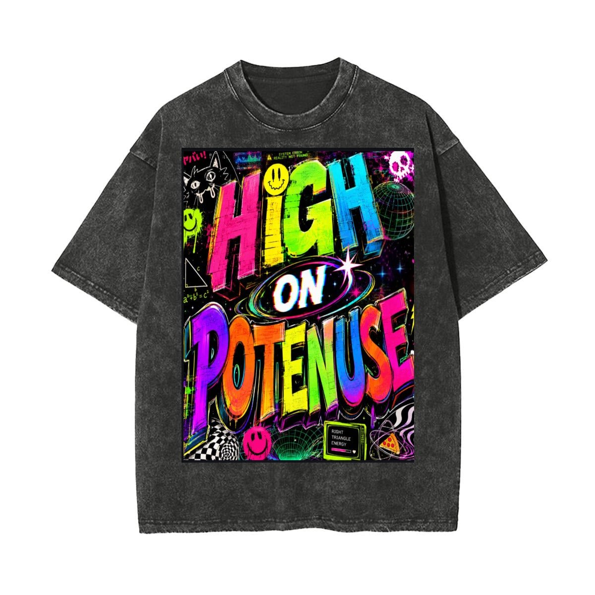 High on Potenuse Washed Tee, Double-Sided — Graffiti Math-Pun Print, 250gsm Heavyweight Made in USA