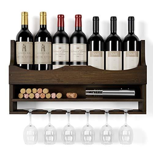 HOMECHO Wall Mounted Wine Rack Bamboo Wine Bottles Holder with Hanging Stemware Glasses Set and Wine Cork Storage, Home Kitchen Decor, Espresso