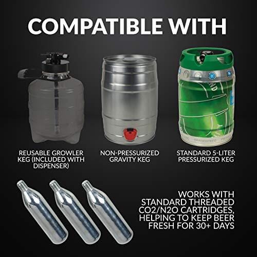 Homecraft Black Stainless Steel Easy-Dispensing Tap Mini Kegerator Cooling System, Includes Reusable Growler, CO2 Cartridges, Removable Drip Tray & Cleaning Kit, Beer Fresh For 30 Days, 5-liter