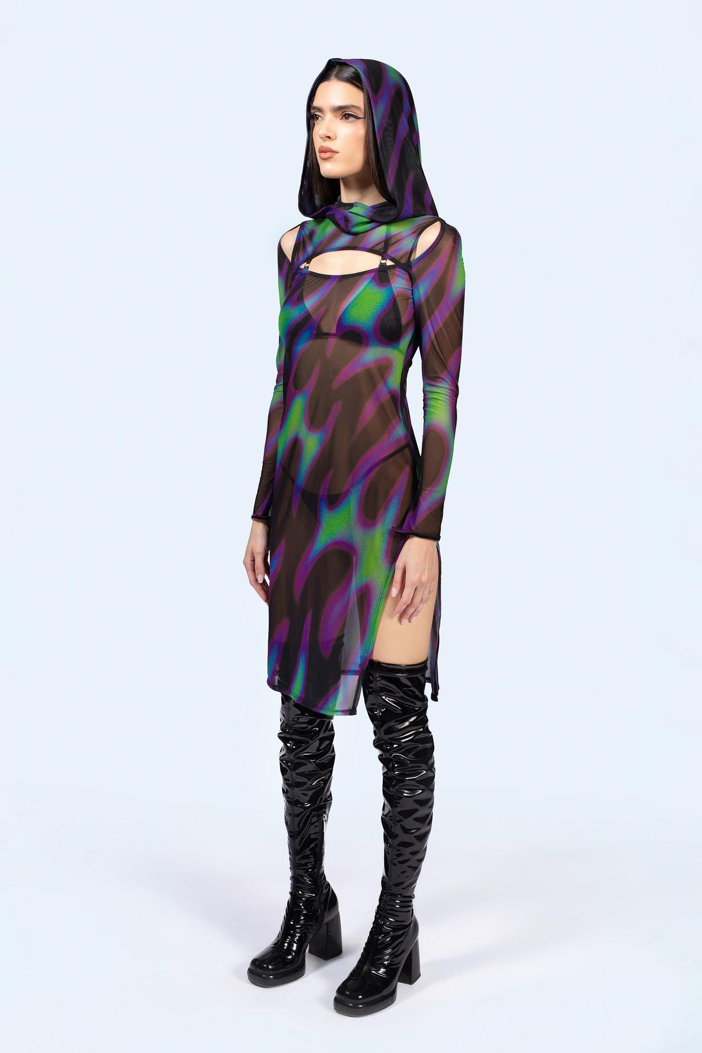 Tear In Space Mesh Hooded Dress