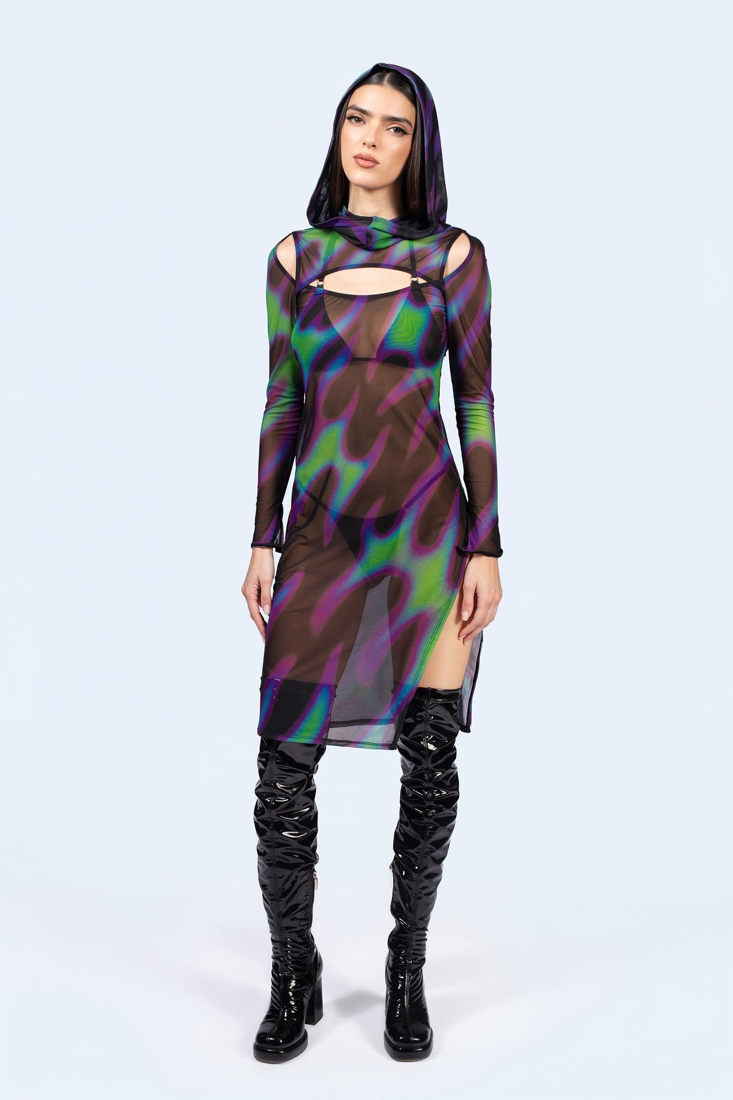 Tear In Space Mesh Hooded Dress