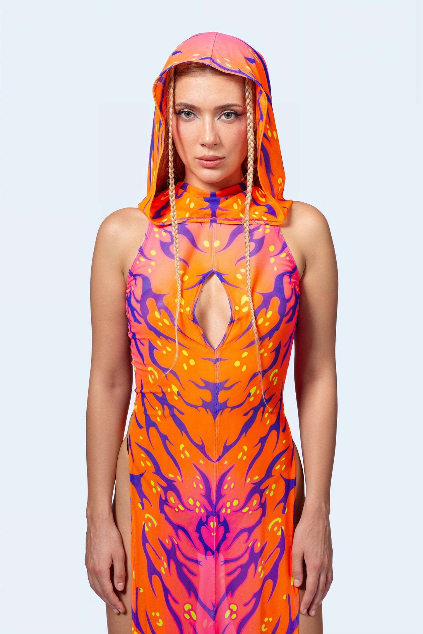 Fire Sign Hooded High Slit Dress