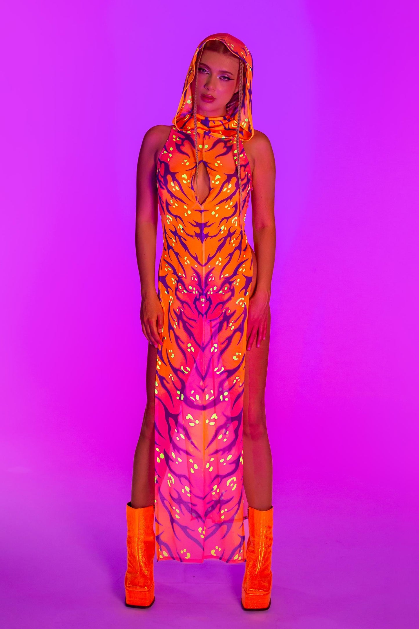 Fire Sign Hooded High Slit Dress