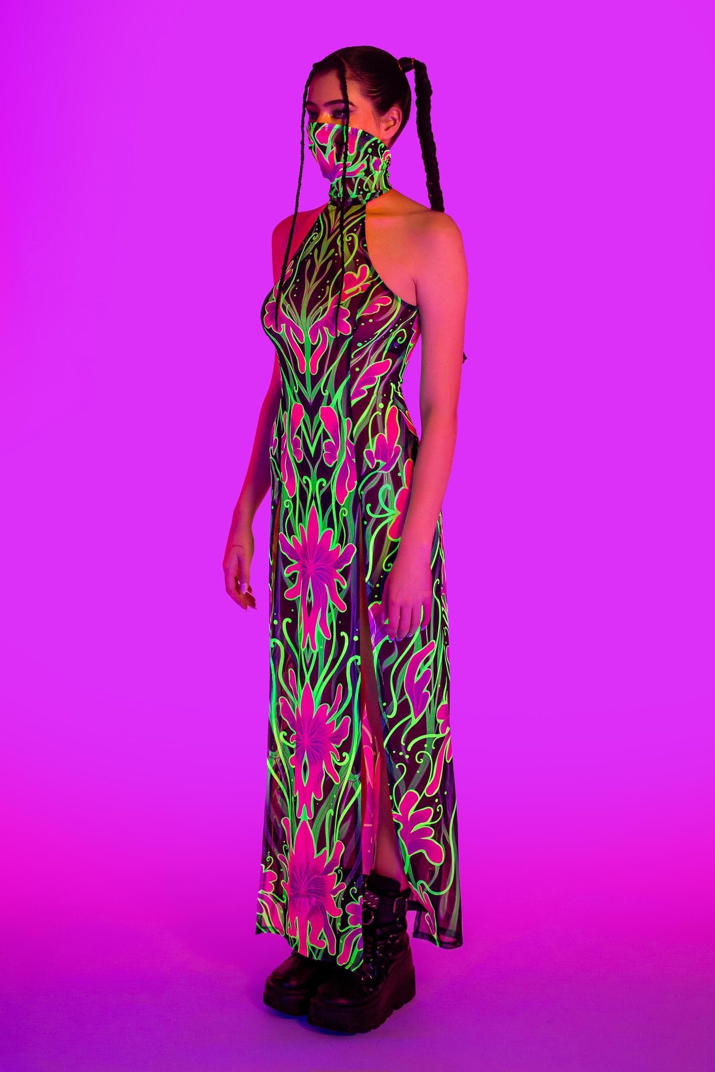 Night Bloom Mask Halter Dress