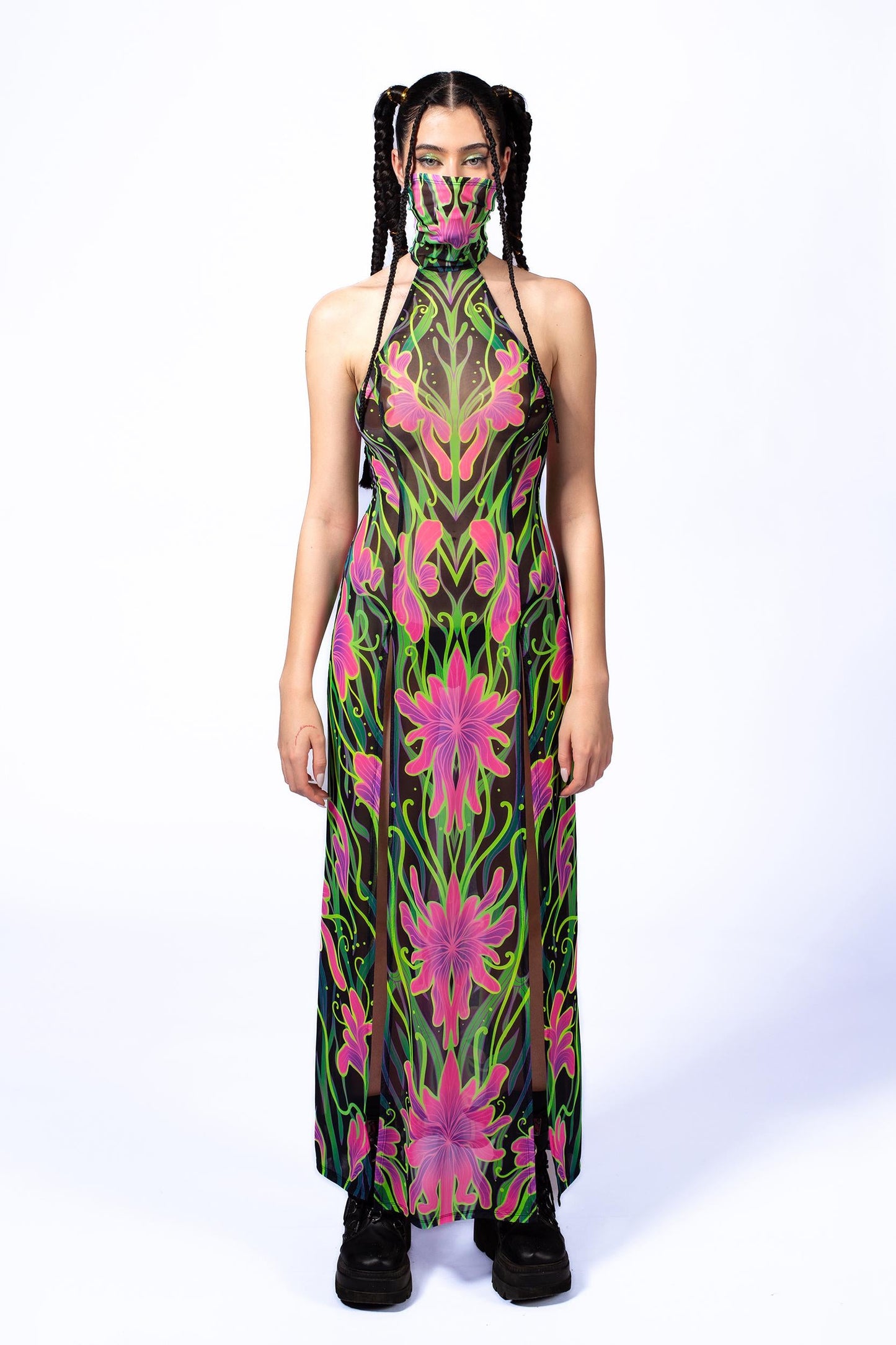 Night Bloom Mask Halter Dress
