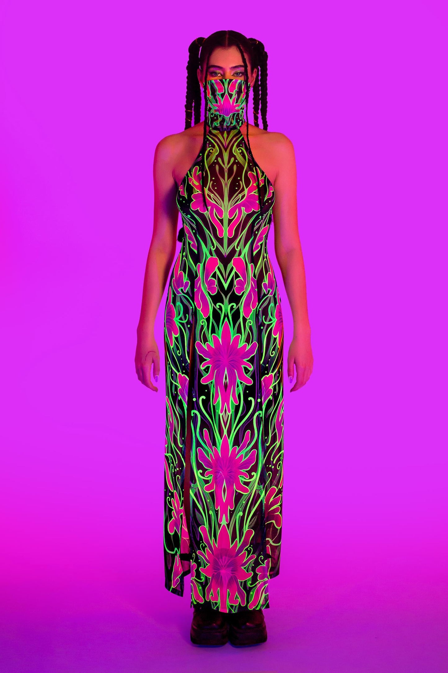 Night Bloom Mask Halter Dress