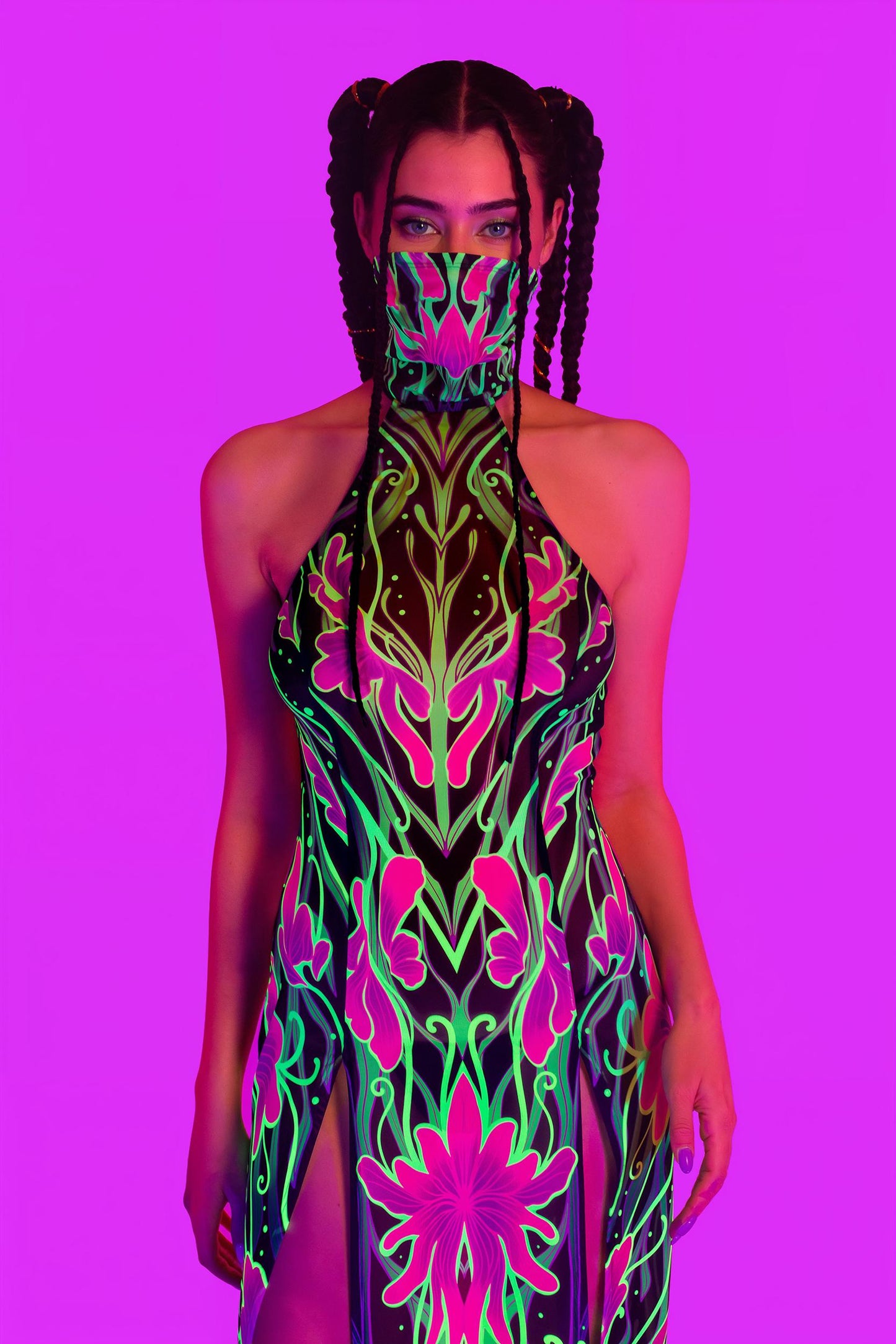 Night Bloom Mask Halter Dress