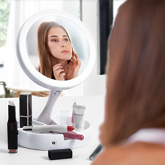 Makeup Mirror with Light – LED Vanity Mirror, 3 Light Modes, USB Charging, 360° Rotation & Storage Base